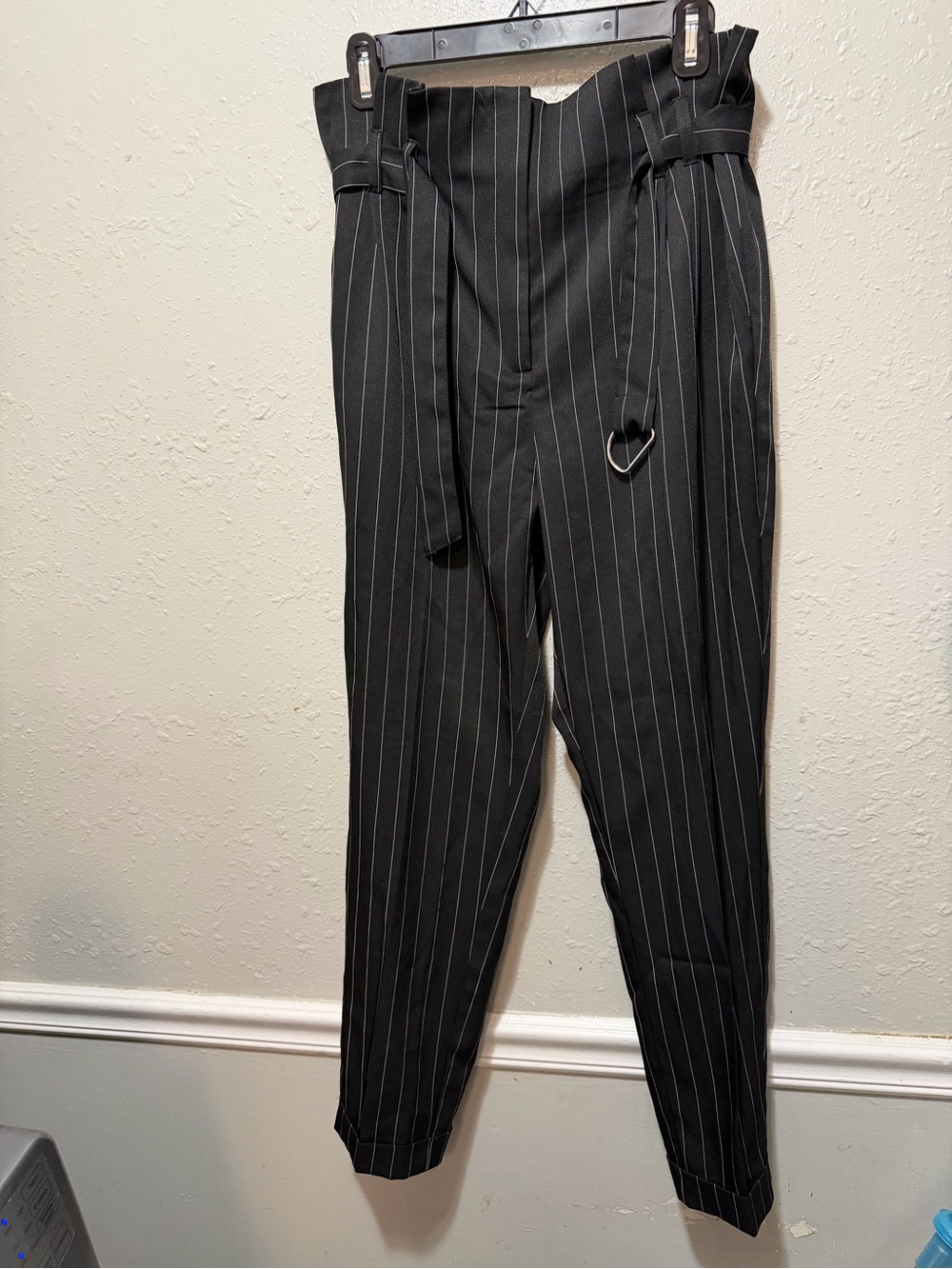 High-Rise Black Pinstripe Paperbag Tapered Pants